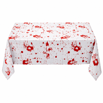 Bloody handprint Halloween tablecloth on a rectangular table, product view