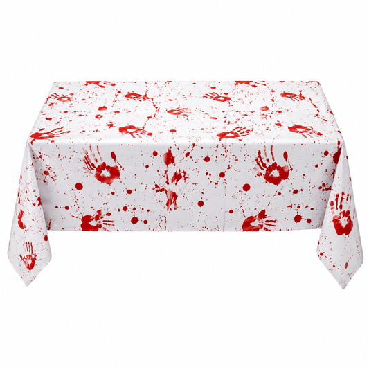 Bloody handprint Halloween tablecloth on a rectangular table, product view