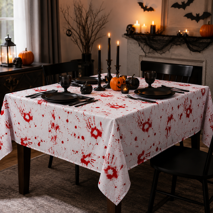 Bloody handprint tablecloth styled with black candles and pumpkins for Halloween dinner