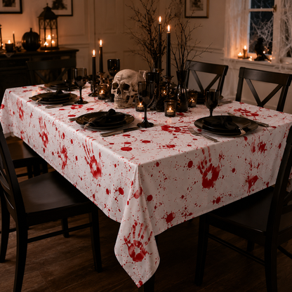 Bloody handprint Halloween tablecloth with skull centerpiece and black place settings