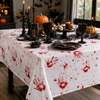 Bloody handprint tablecloth styled with pumpkins, cupcakes, and black party decor