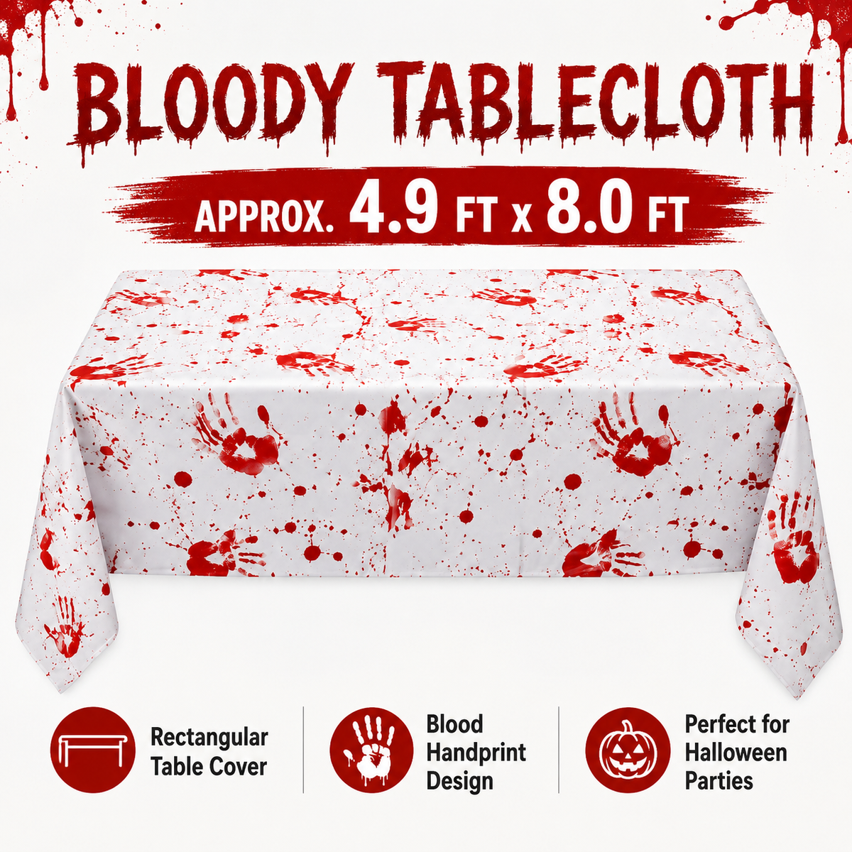 Bloody tablecloth size infographic showing a 4.9 by 8.0 foot rectangular cover