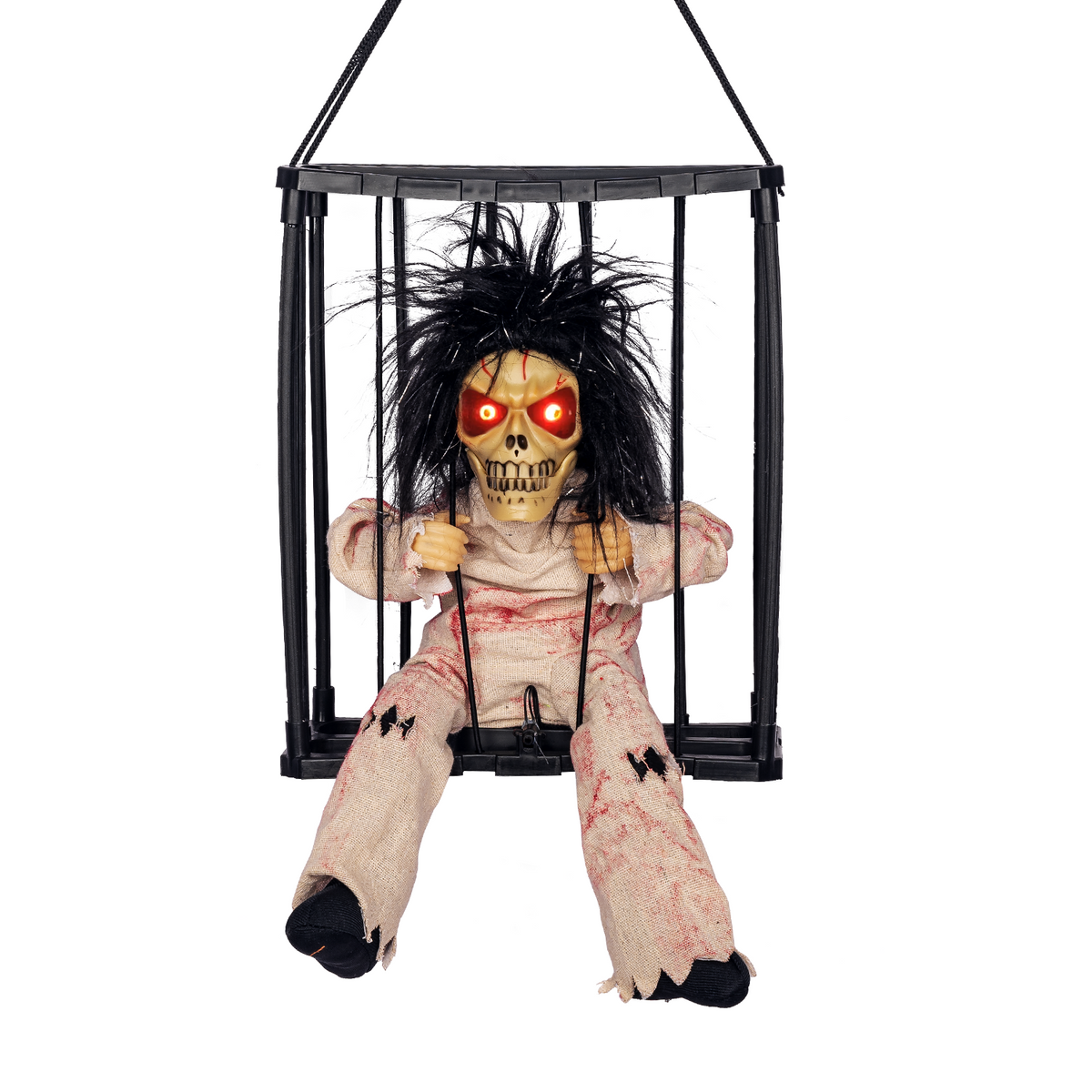 Bloody Prisoner hanging caged skeleton with glowing red eyes on a white background