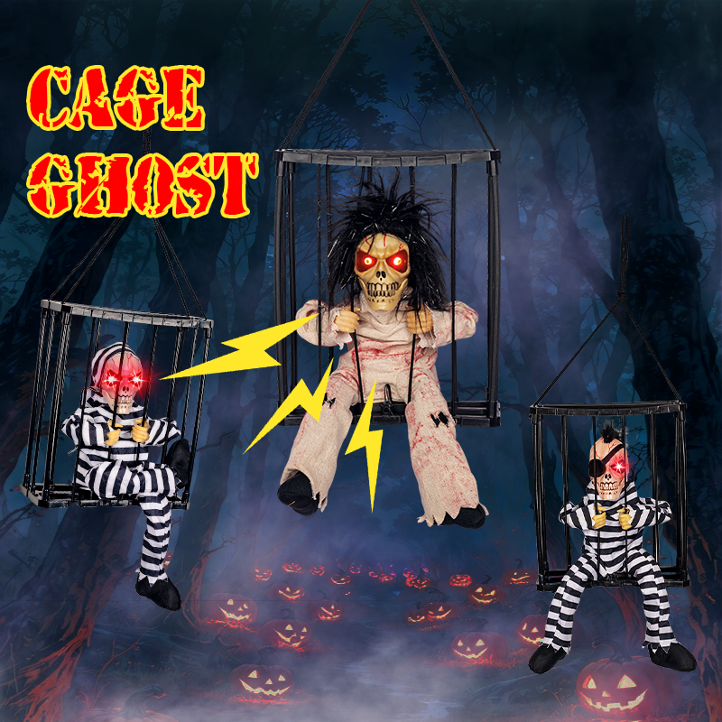 Three hanging caged skeleton designs shown in a dark Halloween forest display