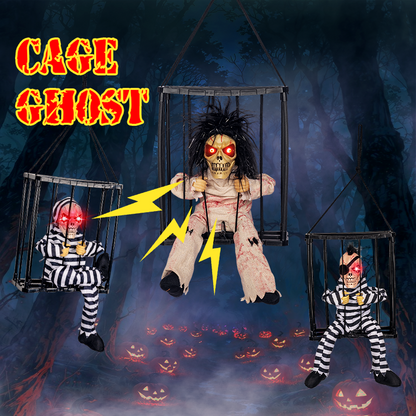 Three hanging caged skeleton designs shown in a dark Halloween forest display