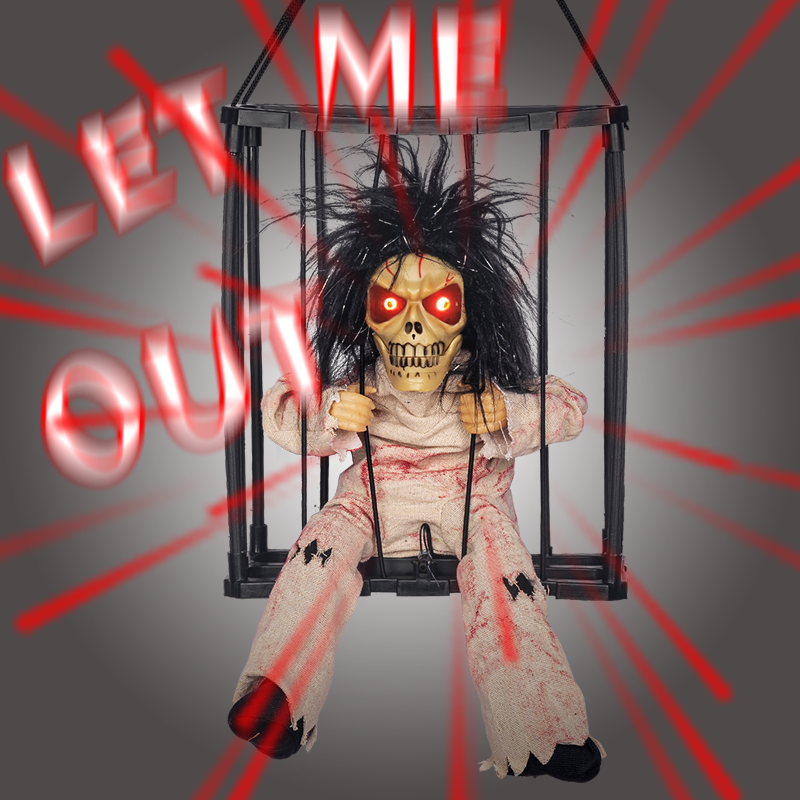Bloody Prisoner caged skeleton with glowing eyes and Let Me Out graphic