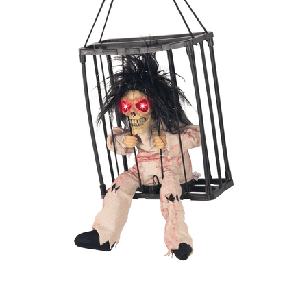 Bloody Prisoner hanging caged skeleton decoration shown at an angle