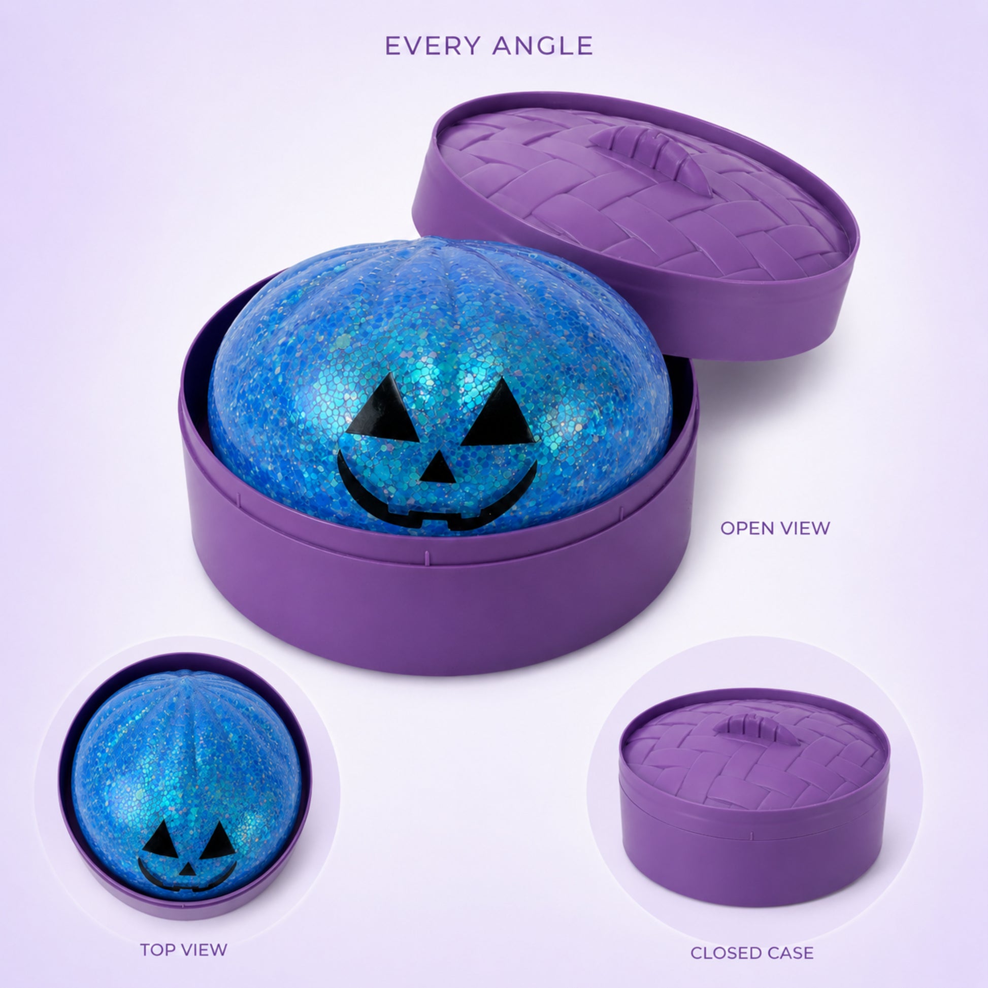 Halloween pumpkin squishy shown open, closed, and from the top