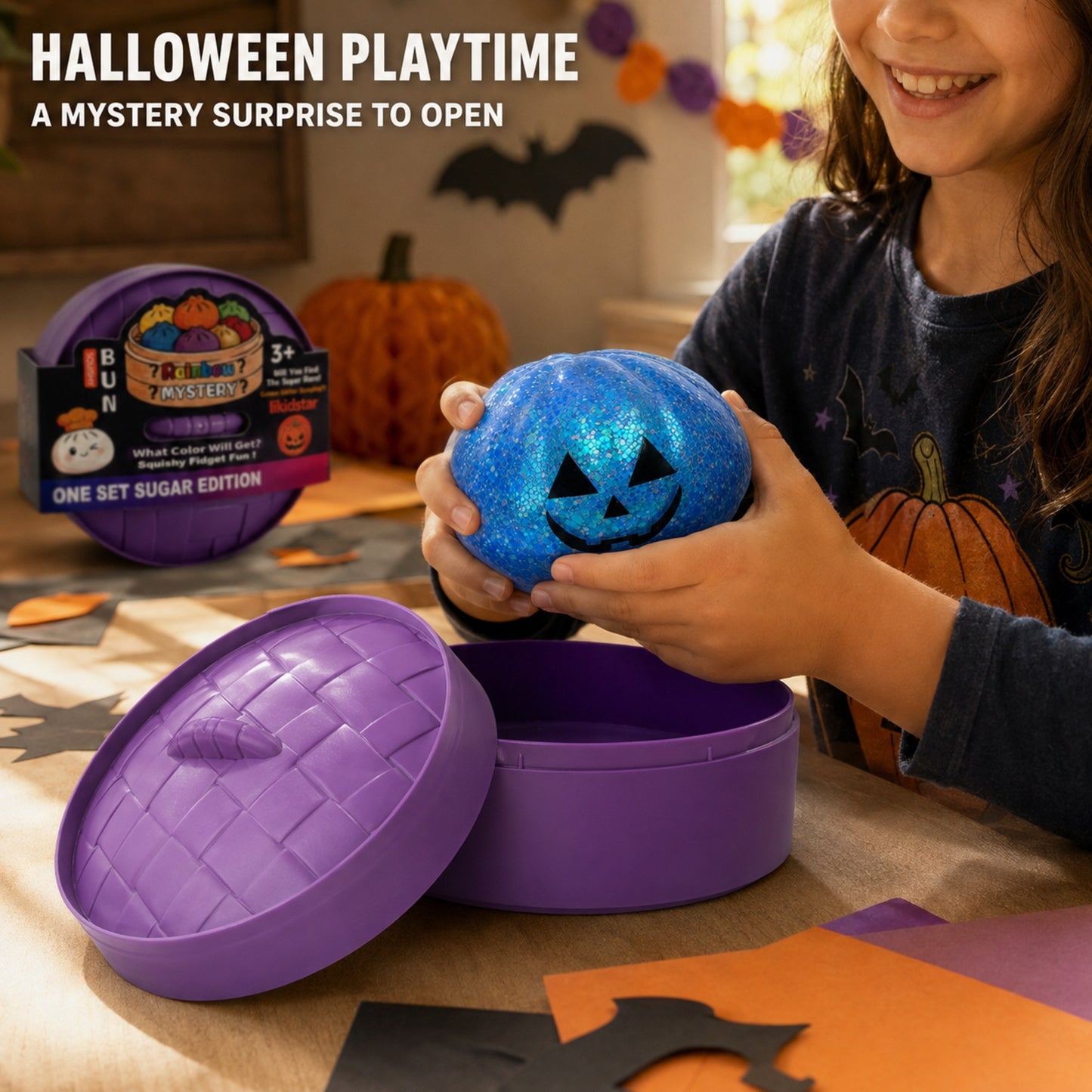 Halloween pumpkin squishy party-favor playtime scene