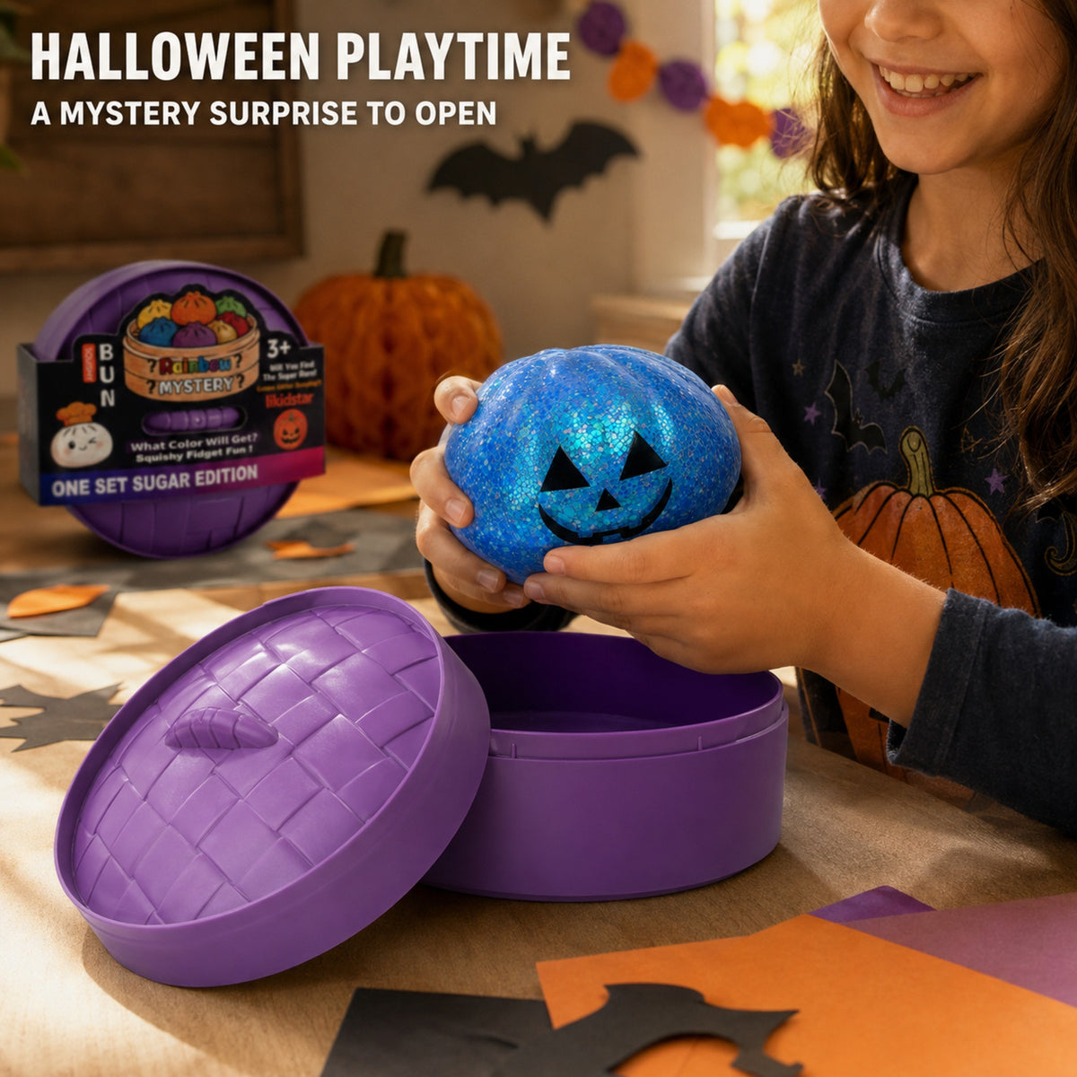 Halloween pumpkin squishy party-favor playtime scene
