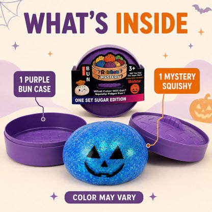 One purple bun case and one mystery squishy included