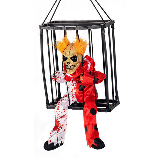 Red Clown hanging caged skeleton Halloween decoration on a white background