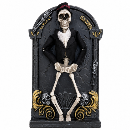 Skeleton groom wall plaque in black suit and top hat with gold scrollwork