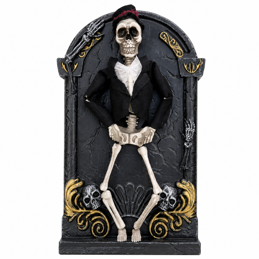 Skeleton groom wall plaque in black suit and top hat with gold scrollwork