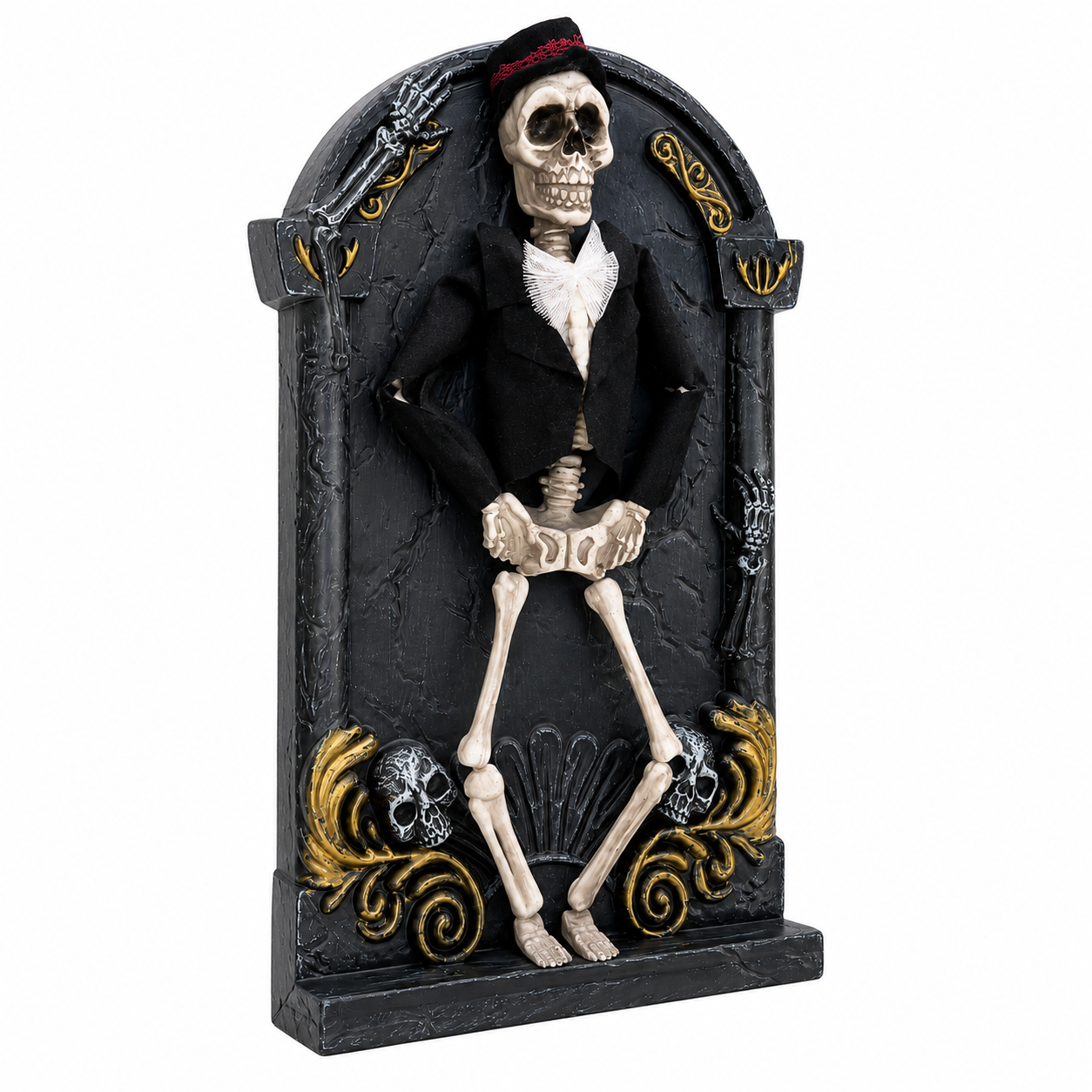 Angled view of skeleton groom gothic wall plaque and skull accents