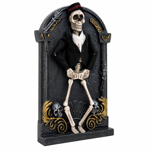 Angled view of skeleton groom gothic wall plaque and skull accents