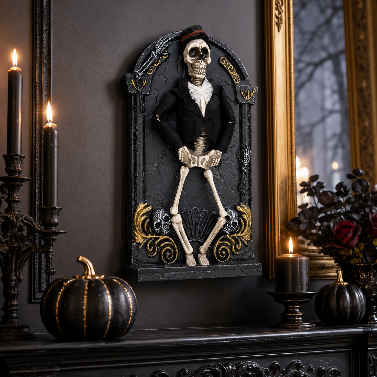 Skeleton groom wall plaque displayed above a mantel with candles and pumpkins