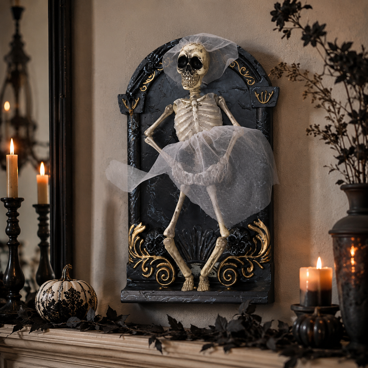 Skeleton Bride Wall Decor – Gothic Halloween Plaque with Gauze Veil Accent - product image 4