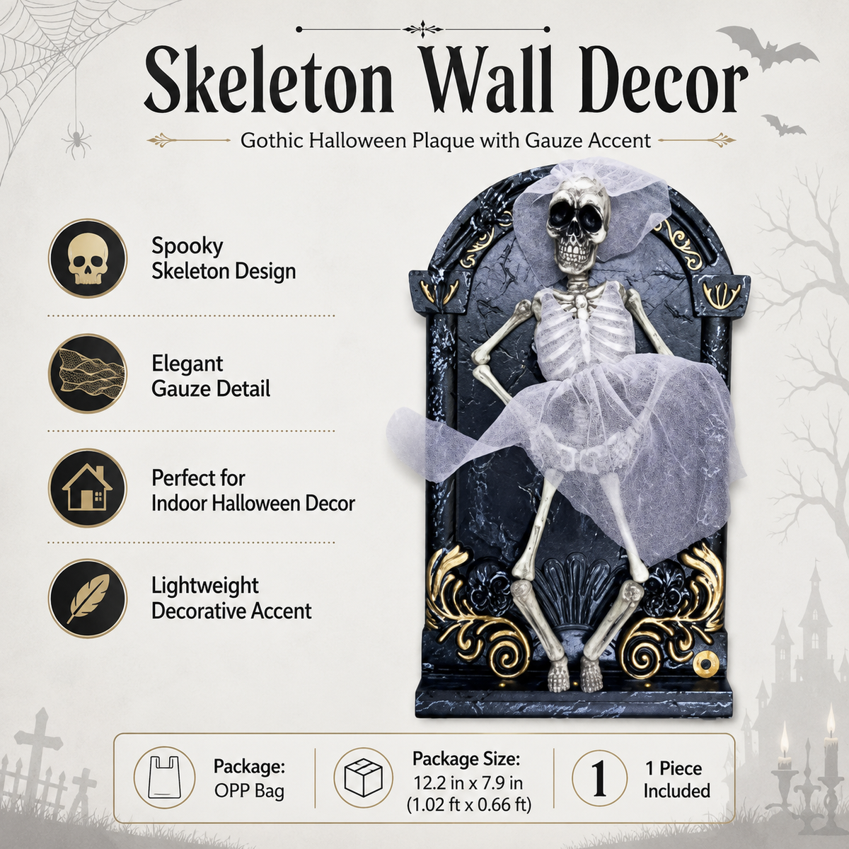 Skeleton Bride Wall Decor – Gothic Halloween Plaque with Gauze Veil Accent - product image 5