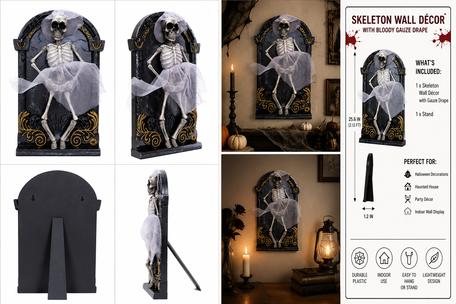 Skeleton Bride Wall Decor – Gothic Halloween Plaque with Gauze Veil Accent - product image 6