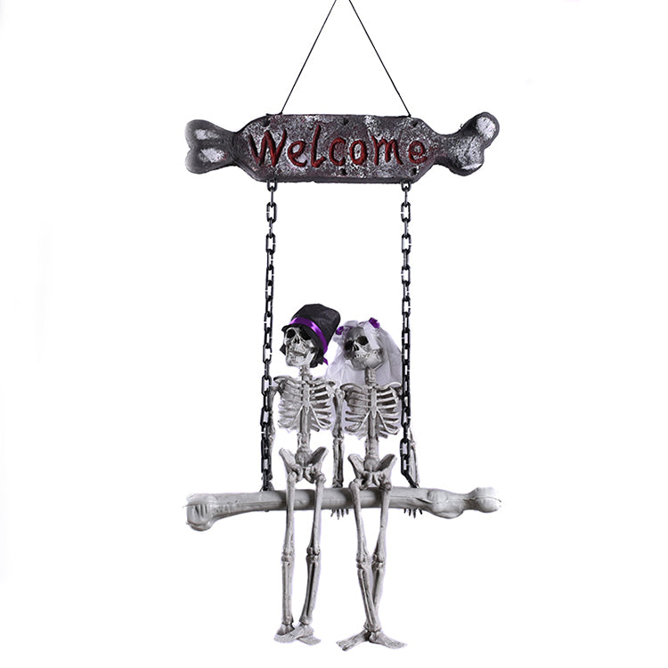 Full spooky welcome hanging skeleton sign on a white background