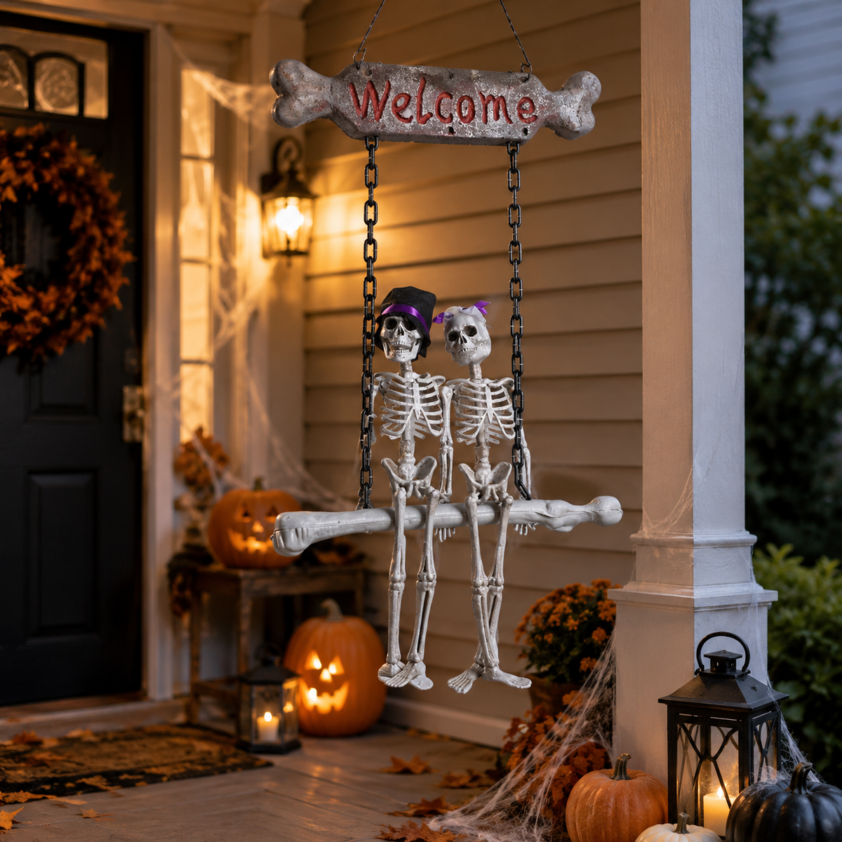 Spooky welcome hanging skeleton sign displayed on a decorated Halloween porch