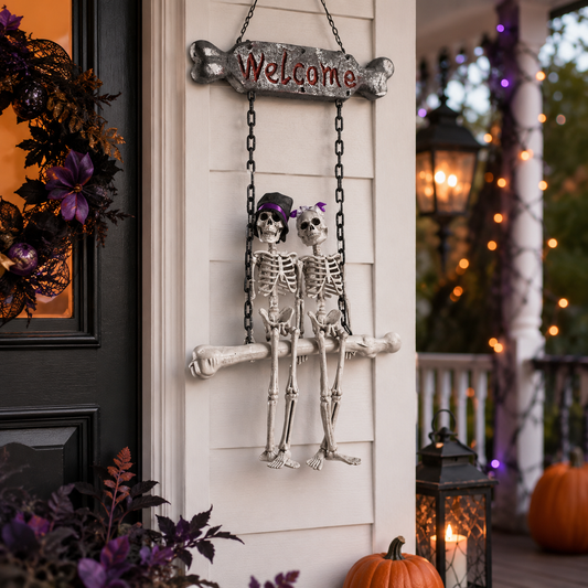 Skeleton couple welcome sign hanging beside a front door with Halloween decor