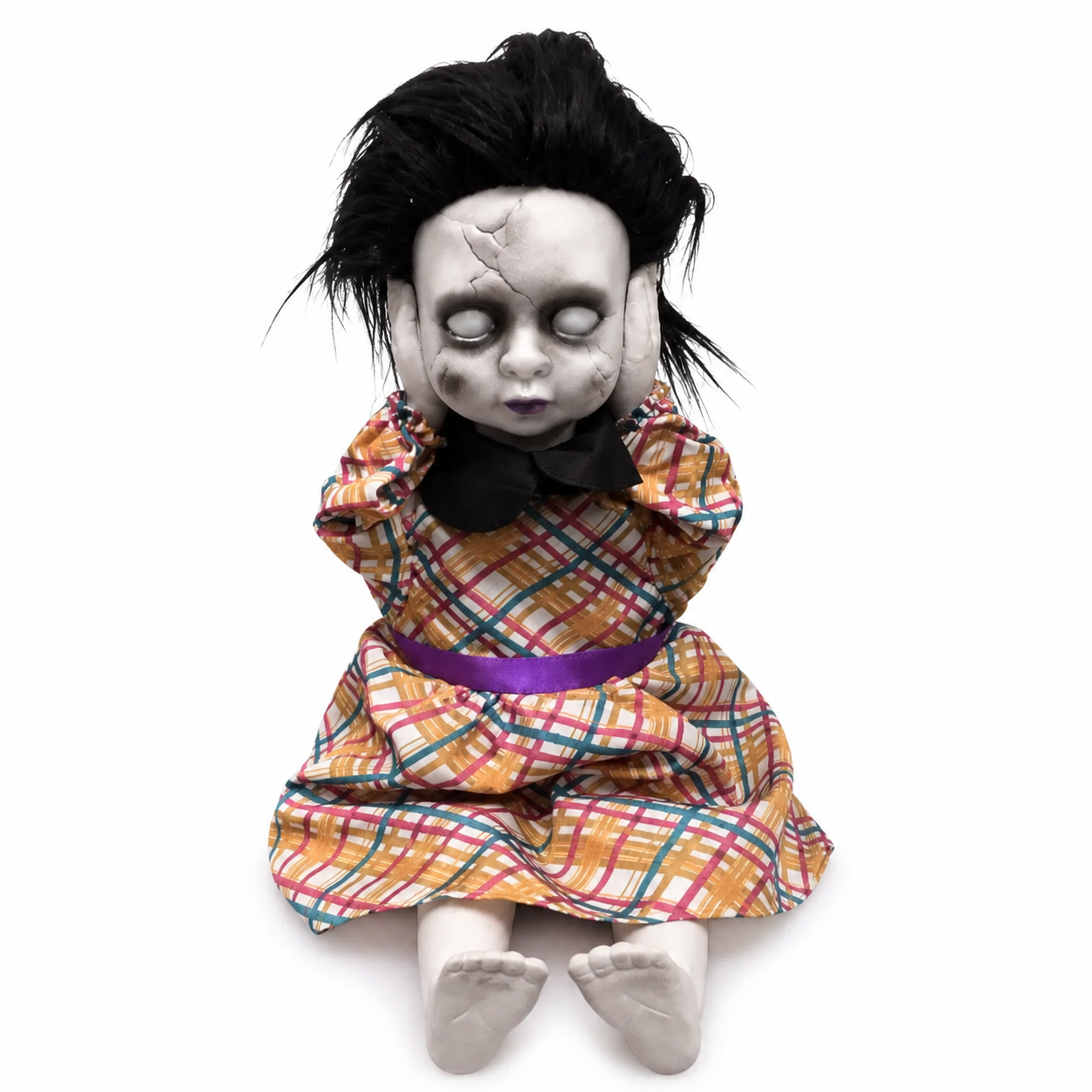 Creepy Seated Doll with Rising Head & Sound – Orange Plaid Halloween Prop
