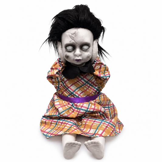 Creepy Seated Doll with Rising Head & Sound – Orange Plaid Halloween Prop