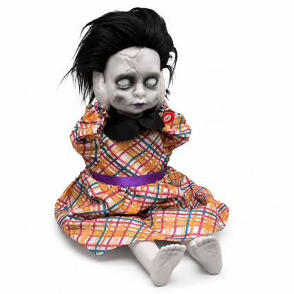 Creepy Seated Doll with Rising Head & Sound – Orange Plaid Halloween Prop – alternate product view 2