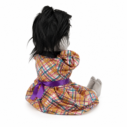 Creepy Seated Doll with Rising Head & Sound – Orange Plaid Halloween Prop – alternate product view 3