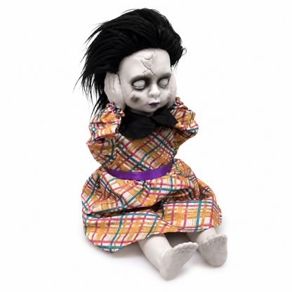 Creepy Seated Doll with Rising Head & Sound – Orange Plaid Halloween Prop – alternate product view 4
