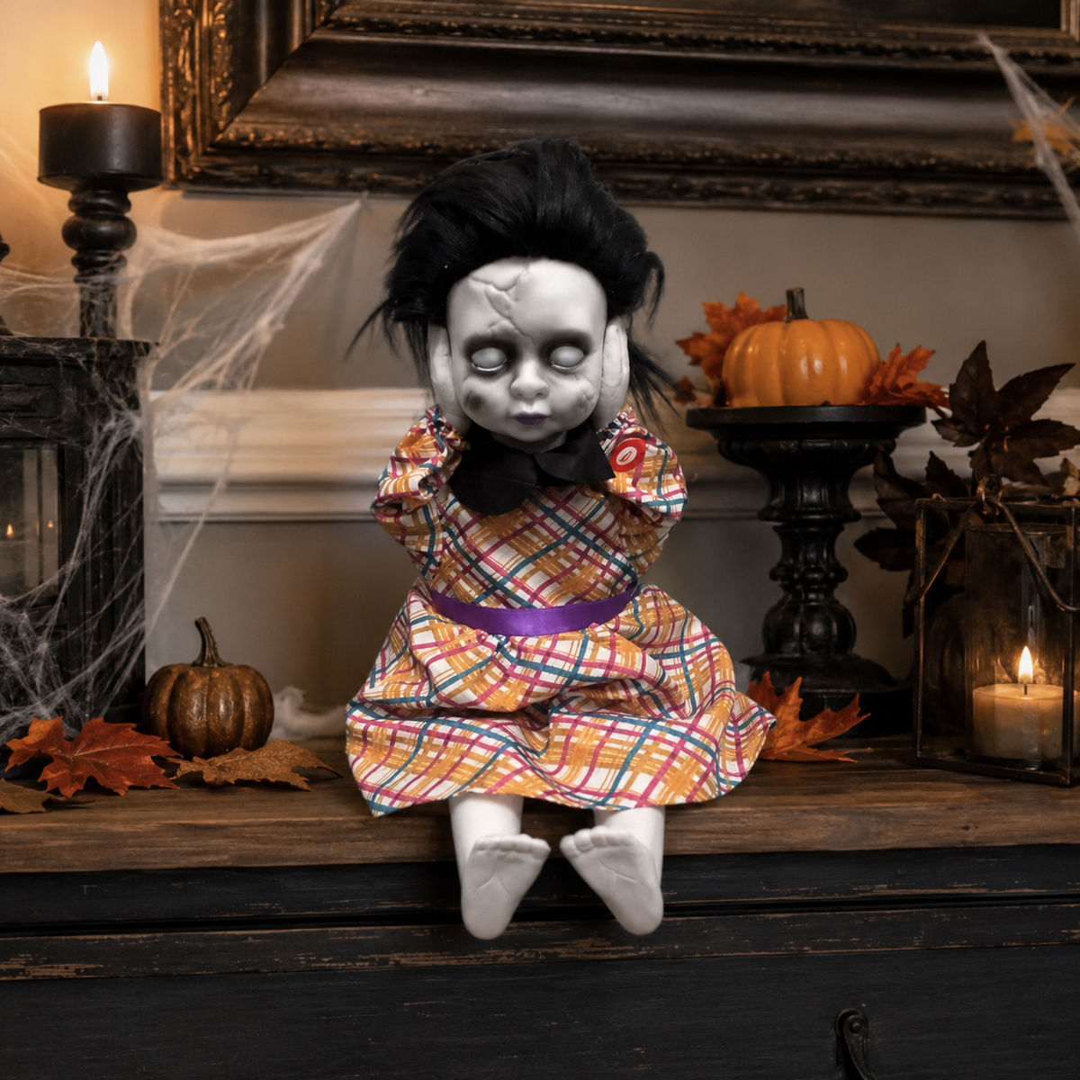 Creepy Seated Doll with Rising Head & Sound – Orange Plaid Halloween Prop – alternate product view 5