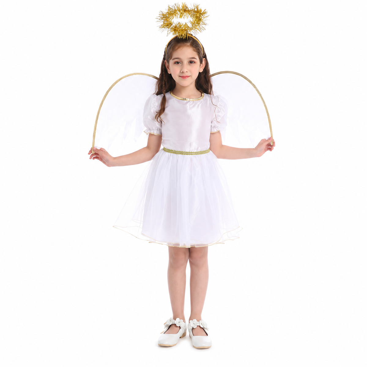 Girl wearing white angel costume with gold halo and wings
