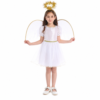 Girl wearing white angel costume with gold halo and wings