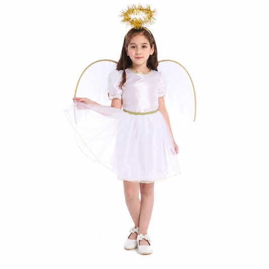 Girl in white angel dress holding the skirt to show the fabric