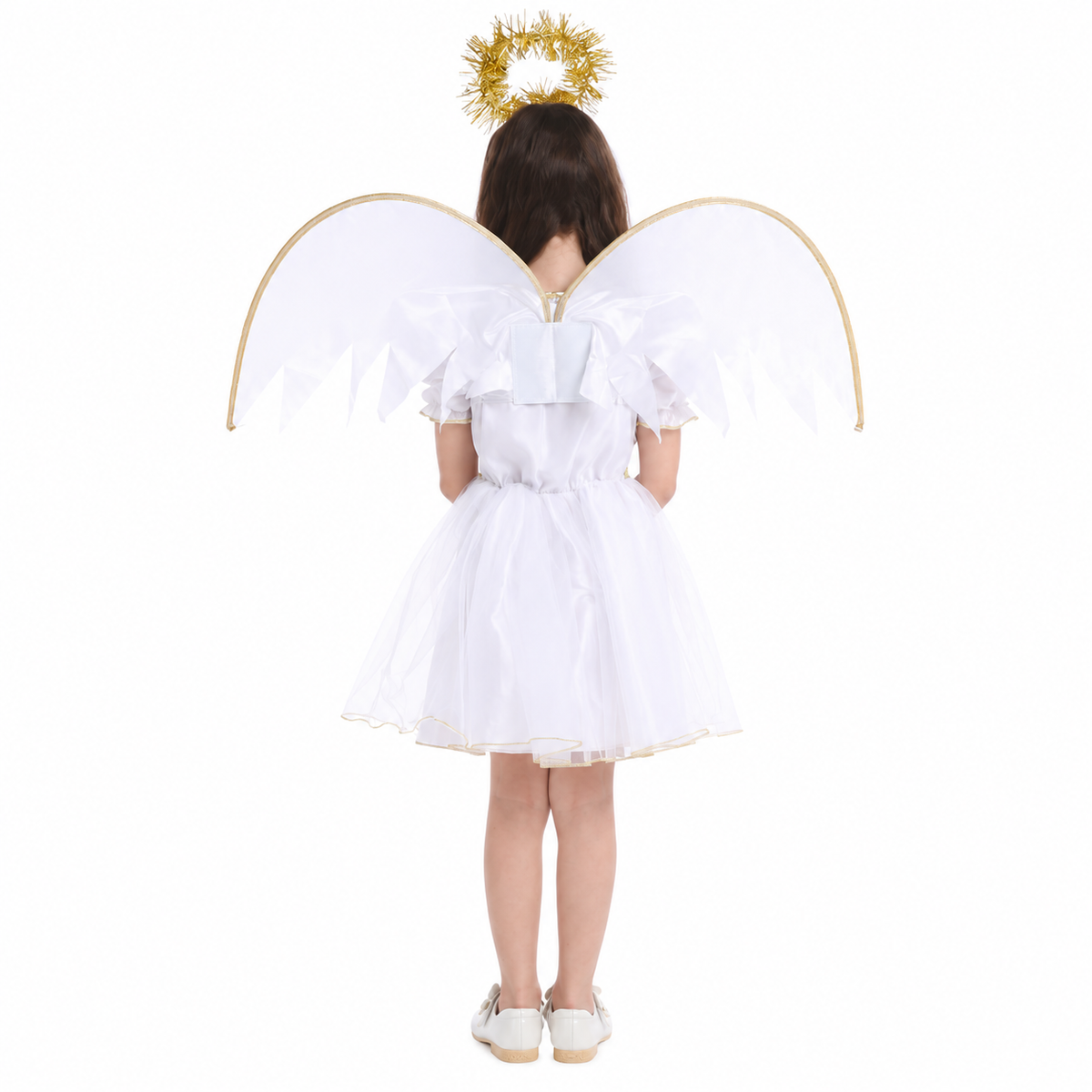 Back view of angel costume showing white wings