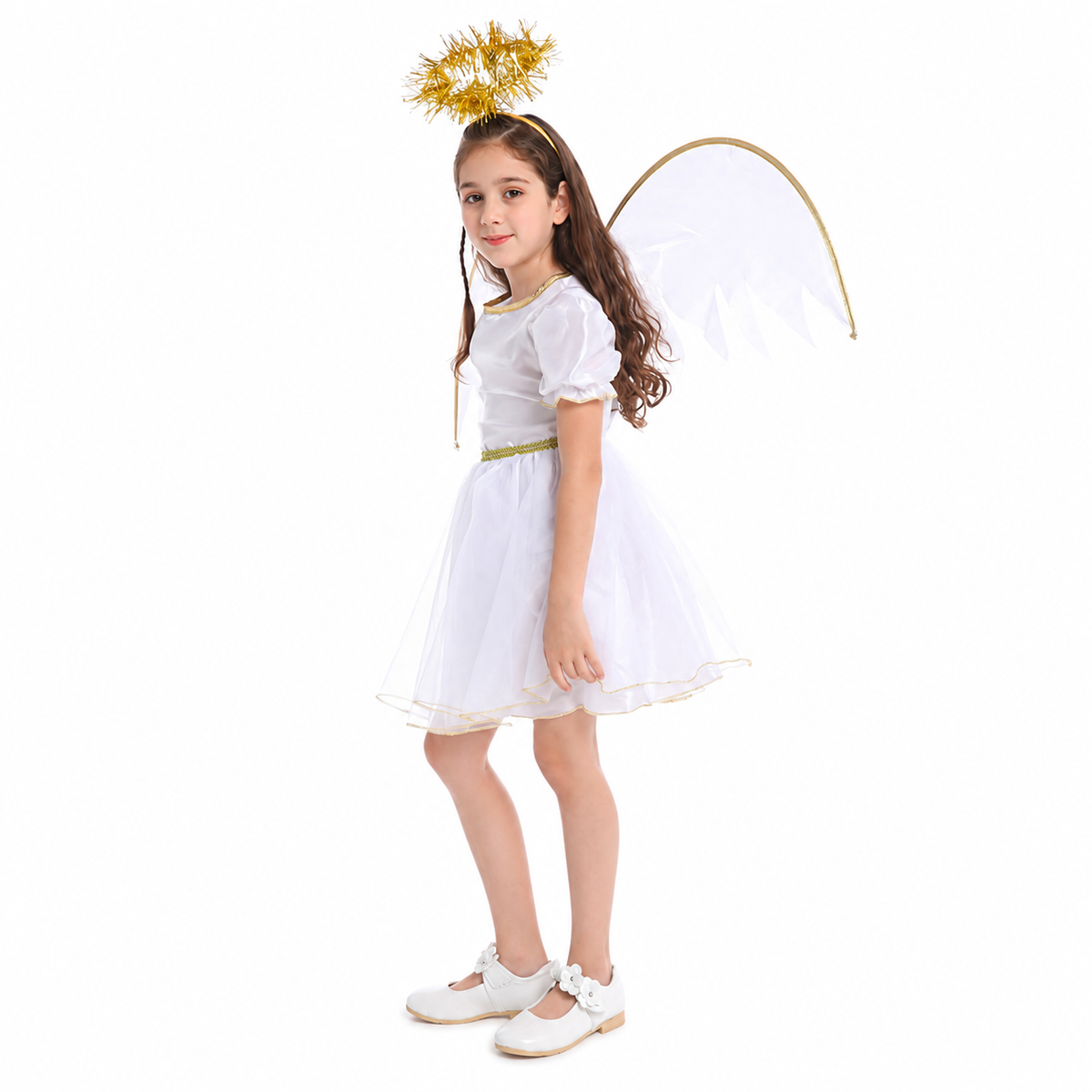 Angled view of girl wearing white angel costume with gold accents