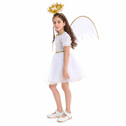 Angled view of girl wearing white angel costume with gold accents
