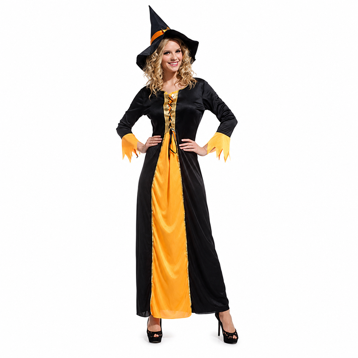 Front view of black and orange witch costume with long dress and hat