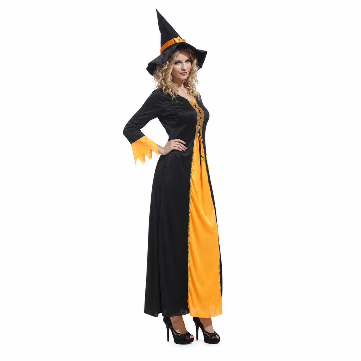 Side pose of gothic witch costume showing orange front panel and jagged sleeves