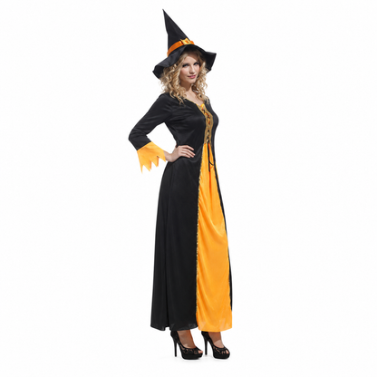 Side pose of gothic witch costume showing orange front panel and jagged sleeves