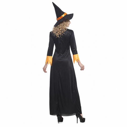 Back view of long black witch dress with pointed hat
