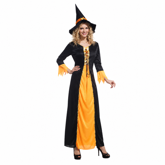 Woman modeling black and orange witch dress with flared sleeves