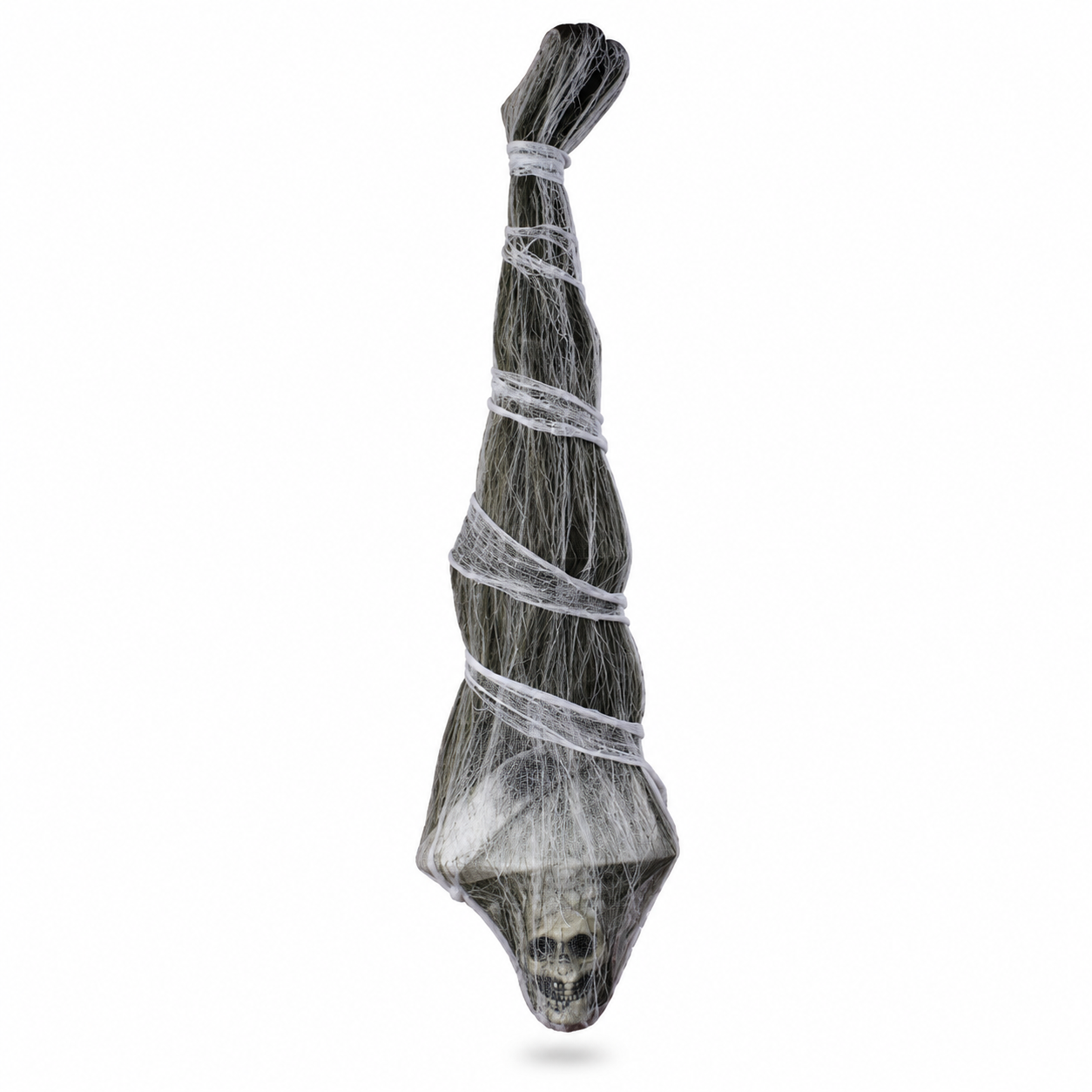 Upside-down 5.9 ft mummy prop wrapped in black cobweb gauze