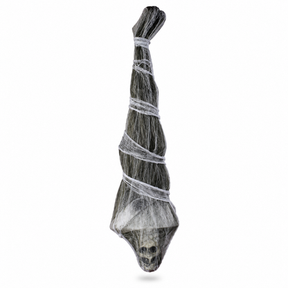 Upside-down 5.9 ft mummy prop wrapped in black cobweb gauze