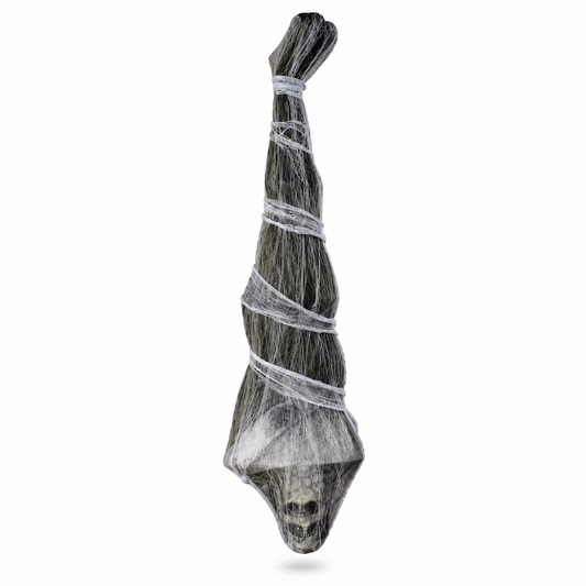 Upside-down 5.9 ft mummy prop wrapped in black cobweb gauze