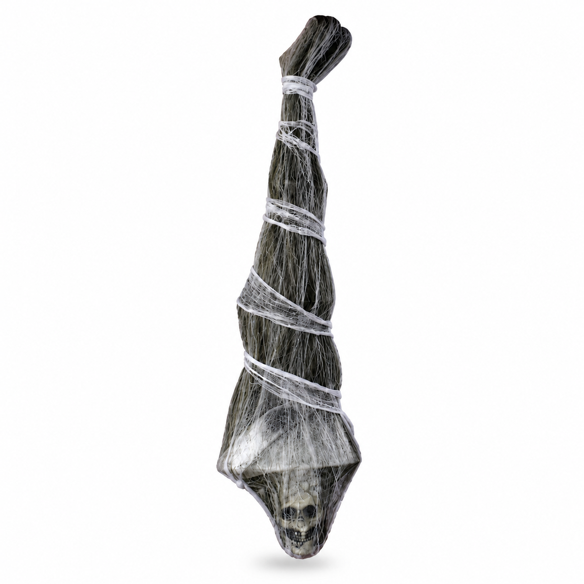 Front view of hanging mummy decoration wrapped in gray cobweb gauze