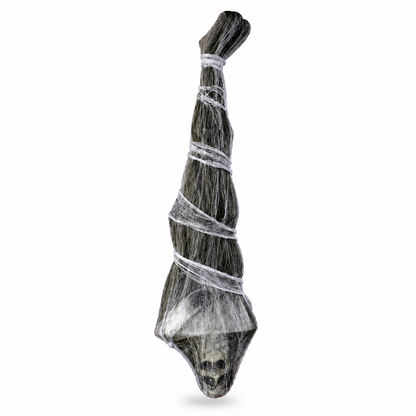 Front view of hanging mummy decoration wrapped in gray cobweb gauze