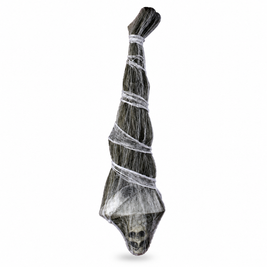 Front view of hanging mummy decoration wrapped in gray cobweb gauze